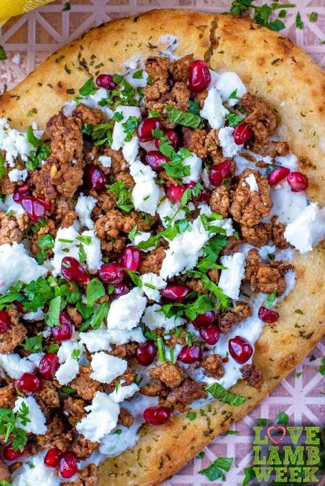 Lamb Flatbread, Turkish Pizza, Grilled Flatbread, Spiced Lamb, Pizza Parlor, Homemade Flatbread, Tzatziki Recipes, Lamb Dishes, Mince Recipes