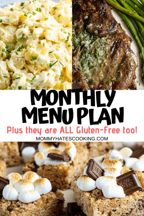 Get your menu ready to go with this Monthly Meal Plan, it's easy to prepare these recipes and they are all gluten-free optional! Gluten Free Menu Plan, Gluten Free Meal Planning, Gluten Free Menu Planning, Crash Hot Potatoes, Monthly Meal Plan, Crockpot Breakfast Casserole, Gluten Free Meal Plan, Cheesy Chicken Enchiladas, Easy Potato Salad