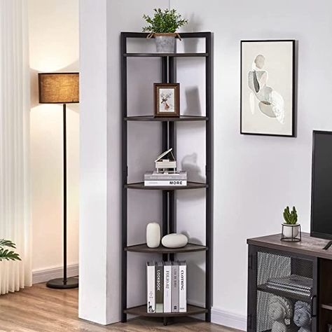 FATORRI Rustic Tall Corner Bookshelf, 5 Tier Industrial Corner Shelf Stand, Dark Wood and Metal Corner Plant Bookcase (Walnut Brown) Corner Shelf Stand, Tall Corner Shelf, Rustic Corner Shelf, Hallway Shelf, Rustic Bookshelf, Corner Bookshelf, Tall Shelves, Shelf Stand, Industrial Bookcases