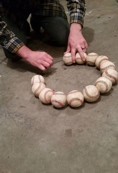 how to make a baseball wreath for your front door, crafts, how to, repurposing upcycling, wreaths Softball Wreath Diy, Pickleball Wreath, Baseball Office, Sport Wreaths, Baseball Banquet, Baseball Diy, Baseball Wreath, Baseball Ideas, Baseball Wreaths