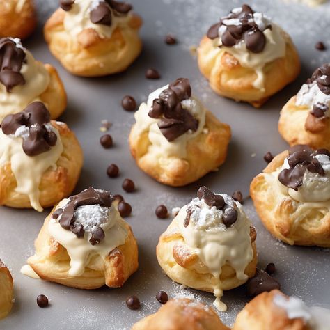 HEAVENLY RICOTTA CANNOLI CREAM PUFFS Cannoli Cream Puffs, Ricotta Cannoli, Cannoli Cookies, Cannoli Desserts, Italian Custard, Puff Pastry Cream Puffs, Cannoli Cream, Dessert Treats, Cream Puff Recipe