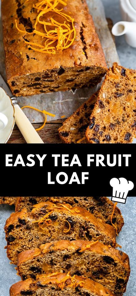 This delicious Fruit Loaf is flavoured with strong tea and packed with mixed dried fruit. An incredibly easy tea bread recipe that is simply mixed together all in one bowl. Enjoy a slice with your cup of tea – simply heavenly! Dried Fruit Bread, Tea Loaf Recipe, Fruit Tea Recipes, Fruit Bread Recipes, Fruit Loaf, Breads Recipes, Tea Loaf, Spice Bread, Easy Teas