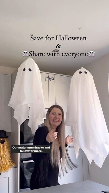 The Range on Instagram: "@majormumhacks spooky but cute DIY Hanging Ghosts 👻 You will need 👇 🎈 White balloons 👉 Fishing wire or craft wire ✨ Tablecloth 👀 Black paper for eyes ✔️ And hooks 💬 Let us know if you try these! #halloween #home #therange" Diy Hanging Ghost Indoor, Ghost Paper Chain, Diy Hanging Ghost Outside, Diy Hanging Ghost, Halloween Ceiling, Ghost Balloons, Spooky But Cute, Halloween Hanging Decorations, Fishing Wire