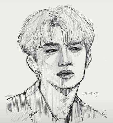 Art Inspiration Drawing Sketches Easy, Straykids Sketch Pencil, Seungmin Sketch Pencil, Bangchan Drawing Reference, Bangchan Painting, Straykids Drawing Pencil, How To Draw Bangchan, How To Draw Hyunjin Step By Step, Bangchan Drawing Easy