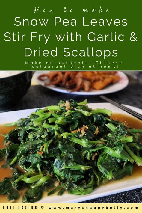 Snow Pea Leaves Stir Fry with Garlic and Dried Scallops - Mary's Happy Belly Chinese Vegetable Stir Fry, Homecooked Recipes, Edible Stem, Snow Pea, Dried Scallops, Fancy Dishes, Chinese Vegetables, Stir Fry Dishes, Happy Belly