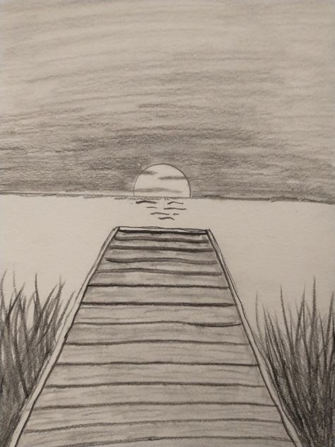 Calm Nature Drawing, Lake Drawing Aesthetic, Sunset Sketch Pencil Easy, River Drawing Easy, River Sketch Simple, River Scenery Drawing, River Side Drawing, Draw Realistic, Easy Charcoal Drawings