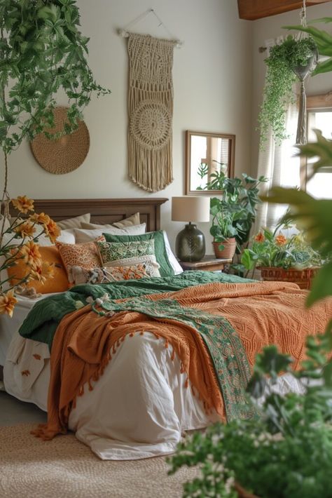 Bohemian Green and Terracotta Nook Boho Bedroom Throw Pillows, Orange Green And White Bedroom, Sage Green And Terracotta Bedroom, Green And Terracotta Bedroom, Terracotta Bedroom Ideas, Bedroom Industrial Chic, Burnt Orange Bedroom, Terracotta Bedroom, Green And Terracotta