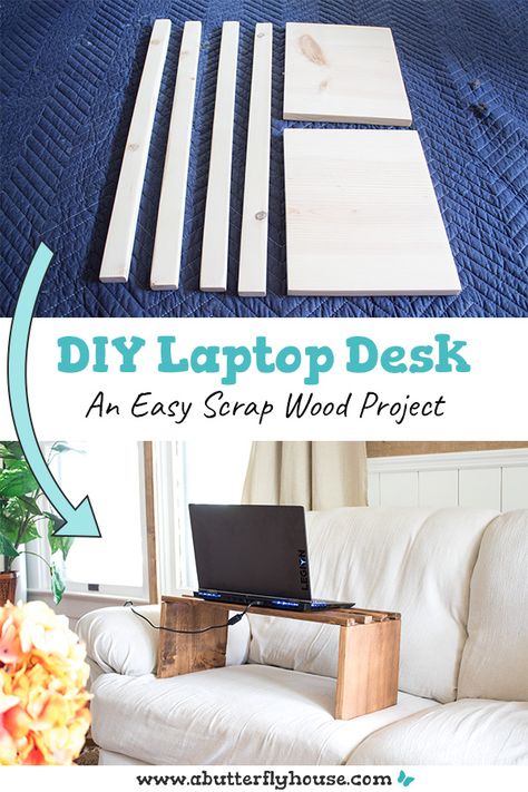 This easy DIY Laptop Desk has a simple solution to an overheating laptop- lift it up! Complete with full photo tutorial to a one hour scrap wood couch tray table! #ScrapWood #Woodworking Scrap Wood Diy, Diy Laptop Stand, Wood Couch, Couch Tray, Diy Furniture Flip, Wood Projects Plans, Diy Laptop, Easy Diy Decor, Bed Tray