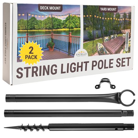 PRICES MAY VARY. PERFECT FOR ANY PATIO OR DECK: Enhance the ambiance of your outdoor space without ducking! Each pole extends to 9 feet tall and features a open-clasp cord holder atop the pole to keep your favorite string lights hanging securely above. INCLUDES: (2) Poles. Lights not included. MULTIPLE MOUNTING OPTIONS: The set includes two mounting options. Use the included ground stakes for installation on grass or use the brackets for installation on wooden decks. WHAT'S INCLUDED: 9-foot blac Backyard String Lights Ideas, Yard String Lights, Deck Lighting Ideas, Deck String Lights, String Light Poles, Backyard String Lights, Exterior Lights, Led String Lights Outdoor, Outdoor String Lights