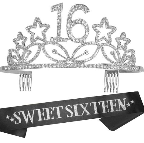 PRICES MAY VARY. metal Imported BEAUTIFUL ELEGANT SILVER SATIN SASH: “Sweet Sixteen”, Dimension: 27"- 32" and 3.75" wide DURABLE GLITTERY sweet 16th Birthday TIARA/CROWN: 100% eco-friendly alloy metal + crystals and rhinestones, nickel free and anti-allergic. Dimension: 5.12” on the front side, the size of number 16 is: 1.57” x 1.57" PERFECT USE FOR Girl’s 16th Birthday Party Supplies and Decorations The Tiara can also be used as cake topper 100% MONEY BACK GUARANTEE -If you don't like the 16th 16th Birthday Gifts For Girls, Sweet 16 Birthday Gifts, 16th Birthday Decorations, Birthday Tiara, Birthday Sash, Birthday Accessories, Perfect Birthday Party, Happy 16th Birthday, Sweet 16 Gifts