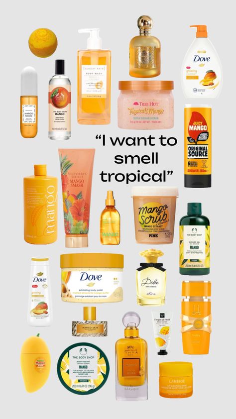 How to smell tropical , how to smell like mango #fragrance #cleangirl #tropicalgirl #coconutgirl #tropical #holiday #showerroutine #girlygirl #girly Tropical Perfume, Mango Fragrance, Body Skin Care Products, How To Smell Good, Scent Combos, Tropical Girl, To Smell Good, Tropical Holiday, Perfume Lover