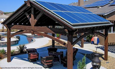 If you plan on installing solar to decrease you electricity bill, or if  you desire additional panels to add to your existing system, a timber  frame cabana, carport, pergola, pavilion, gazebo, Sunroom, or shed are  perfect for a ground mount. #SolarMount Solar Pergola, Pergola Plans Design, Pavilion Plans, Timber Pergola, Pergola Carport, Fire Pots, Solar Panels Roof, Solar Panels For Home, Solar Installation