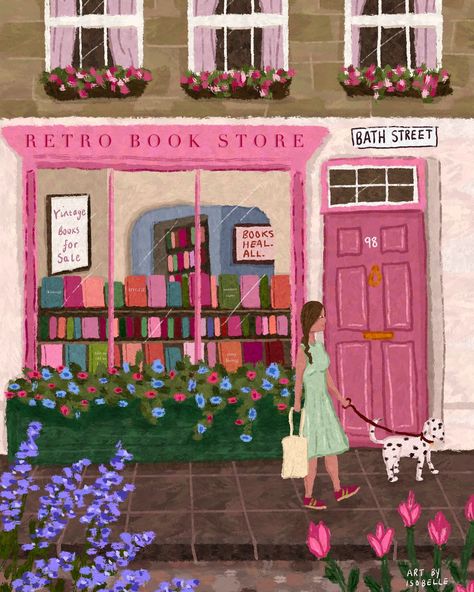 Book store illustration by Art By Isobelle Book Store Illustration, Store Illustration, City Of Bath, Lettering Ideas, Illustrations Art, Feminine Art, My Signature, Artist Illustration, Illustrator Illustration