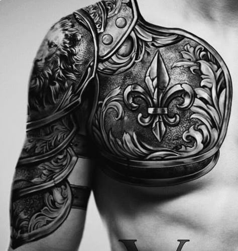 Men’s Armor Tattoo, Body Armour Tattoo, Armor Back Tattoo, Shoulder Armor Tattoo Design For Men, Tattoo Armor Shoulder, Armor Tattoos For Men, Armour Tattoo Shoulder, Armour Sleeve Tattoo, The Armor Of God Tattoo