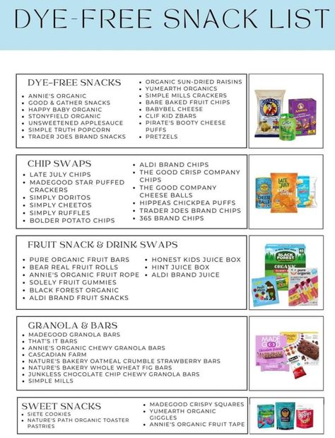 Foods With No Dyes, Dye Free Food List, Red Dye 40 Foods, This Not That Food, Aldi Dye Free Snacks, Foods Without Red Dye 40, Dye Free Foods For Kids, Baked Fruit Chips, Red Dye Free Foods