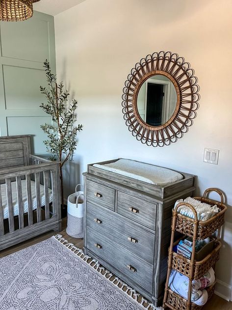 Gray Dresser Nursery, Changing Table Ideas Dressers, Dresser Turned Into Changing Table, Neutral Nursery Changing Tables, Nursery With Changing Table, Grey Dresser Nursery, Baby Room Changing Tables, Gray Boho Nursery, Farmhouse Changing Table