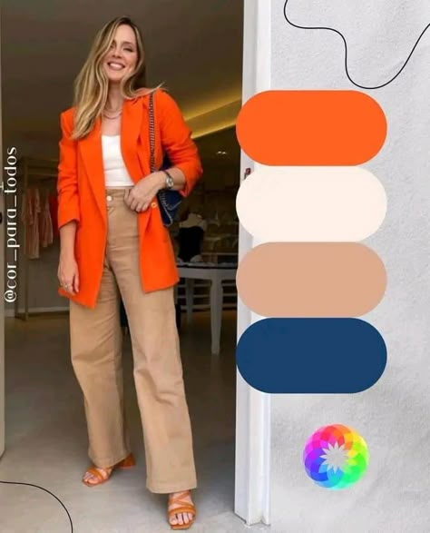 Blazer Naranja Outfit Mujer, Orange Shirt Outfit, Orange Blazer Outfits, Mode Ab 50, Colour Combinations Fashion, Color Combos Outfit, Orange Blazer, Color Blocking Outfits, Color Combinations For Clothes