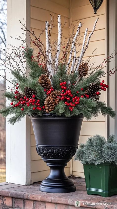 How To Make A Porch Pot For Christmas, Easter Pots Outdoor, Spring Urns Ideas Front Porches, Porch Pots Christmas Diy, Christmas Flower Boxes Outdoor, Holiday Porch Pots, Christmas Outdoor Planter Ideas, Christmas Urns Front Porch, Christmas Planters Outside Front Porches