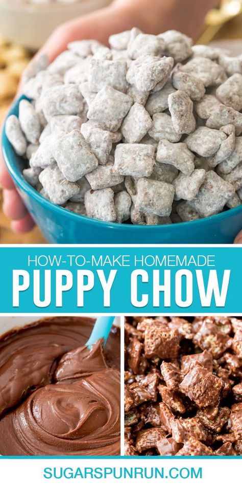 Puppy Chow (also known as Muddy Buddies) is a great last-minute snack that can be completely ready in under 10 minutes! Loaded with plenty of peanut butter and chocolate, this is a super crave-able snack. Homemade Puppy Chow, Best Puppy Chow Recipe, Easy Puppy Chow, Easy Snack Mix, Puppy Chow Chex Mix Recipe, Puppy Chow Recipe, Plating Food, Presentation Food, Muddy Buddies Recipe