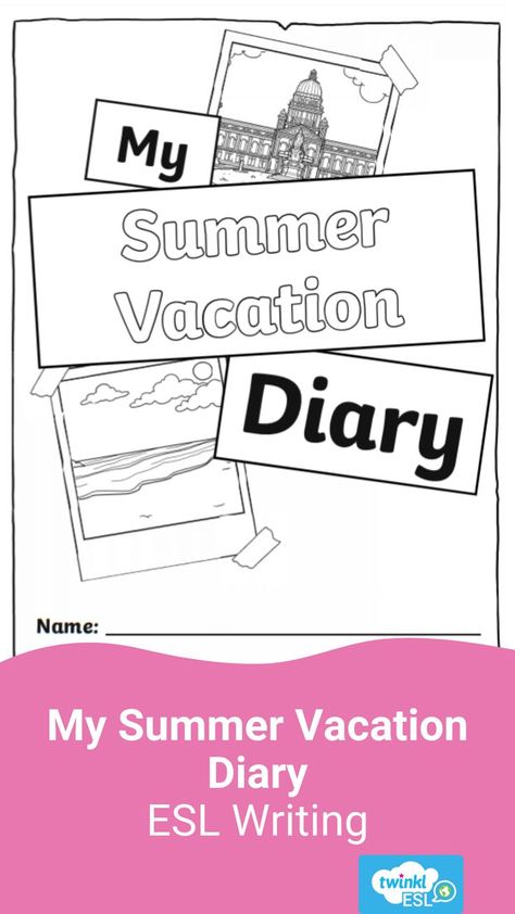 Summer vacation diary to help students practice their writing skills Perfect summer homework for ESL and EFL students. Cute Diary Ideas Writing, Describe Your Best Friend, English Diary, Homework Diary, Problem Solution Essay, Blank Picture, Composition Writing, Teaching Worksheets, Homework Worksheets