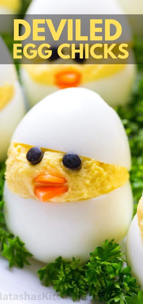 Deviled Eggs for Easter - adorable deviled egg idea perfect as an Easter Appetizer, shaped like a chick! This baby chick deviled egg will be the talk of your holiday menu #easterrecipes #deviledeggs Deviled Eggs Easter Ideas, Easter Egg Deviled Eggs, Bunny Deviled Eggs, Deviled Egg Cookies, Deviled Easter Eggs, Easter Boiled Egg Ideas, Stuffed Eggs For Easter, Devilled Eggs Easter, Devil Eggs For Easter