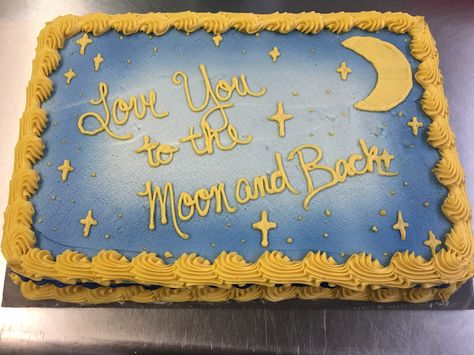 All occasion cake, sheet cake, moon and stars, airbrush Moon And Stars Sheet Cake, Galaxy Cupcakes, Cake Sheet, Sheet Cake Designs, Cake Design Inspiration, Moon Cakes, Welcome Home Baby, Moon Baby Shower, Table Party