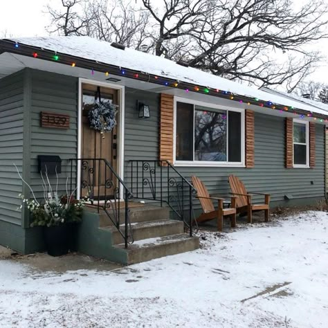 Modern Wood Shutters, Green Vinyl Siding, Modern Shutters, Brown Roofs, Mobile Home Exteriors, Mobile Home Renovations, 1960s Home, Home Exterior Makeover, Remodeling Mobile Homes