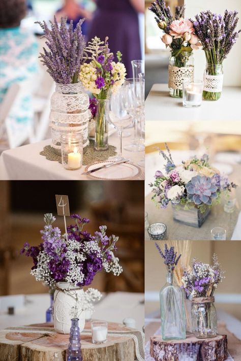 rustic lavender wedding centerpieces #weddings #weddingcolors #weddingideas Lavender And Purple Wedding Decor, Purple Centrepiece, Lavender And Grey Wedding Centerpieces, Centerpieces With Lavender, Lavender Plant Wedding, Sage And Lavender Wedding Centerpieces, Lavendar Wedding Table Decor, Rustic Purple Wedding Centerpieces, Lavender Centerpieces Table Decorations