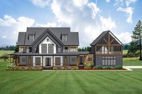 Architectural Designs on Instagram: "Anyone else loving this new Farmhouse plan? 😍😍⁠ ⁠ Modern Farmhouse Plan #46466LA has the DREAM wrap-around porch, as well as an optional man-cave that features a covered porch!⁠ ⁠ The serene owner's suite features a private porch and sitting nook, along with a 5-fixture bathroom and walk-in closet.⁠ ⁠ ⁠ 📐 4,676 Sq Ft⁠⁠⁠⁠ 🛏 5 Bedrooms⁠⁠⁠⁠ 🛁 4.5+ Bathrooms⁠⁠⁠⁠ 🚗 3 Car Garage⁠⁠⁠⁠ 📏 108’-0” Wide x 71’-0” Deep⁠⁠⁠⁠ ⁠ Head over to the Link in Bio or www.archi Sitting Nook, 5 Bedroom House Plans, Wraparound Porch, 5 Bedroom House, Farmhouse Plan, Modern Farmhouse Plans, Bedroom House Plans, Farmhouse Style House, Farmhouse Plans