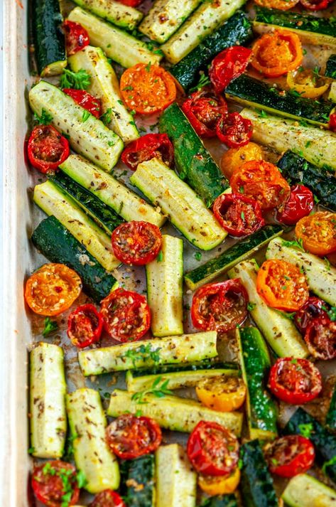 Tomato Zucchini Recipe, Recipes With Tomato And Zucchini, Roasted Courgette Recipes, Cherry Tomato Uses, Cherry Tomatoes Side Dish, Roasted Cherry Tomatoes Recipes, Vegetarian Tomato Recipes, Zucchini And Tomato Recipes Baked, Best Oven Roasted Vegetables