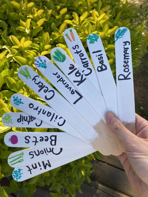 Cute cheap way to label your garden! Popsicle sticks, paint, markers, and a acrylic sealant spray! Popsicle Stick Garden Labels, Popsicle Stick Plant Markers, Kids Farmers Market, Raised Garden Designs, School Garden Club, Garden Markers Diy, Paint Linoleum, Modern Gardening, Marker Crafts