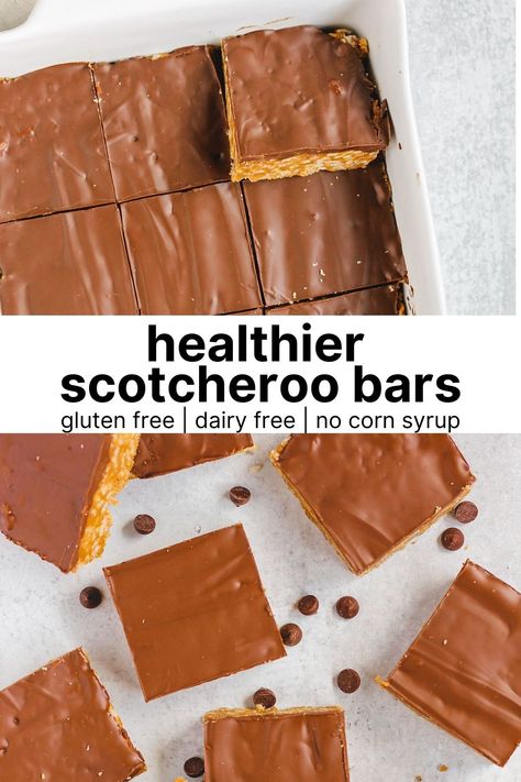 pan of scotcheroo bars with individually cut scotcheroo bars Healthier Scotcheroos, Clean Eating Dessert, Scotcheroos Recipe, Clean Eating Dessert Recipes, Clean Desserts, 2024 Recipes, Clean Eating Desserts, Thm Desserts, Gf Desserts