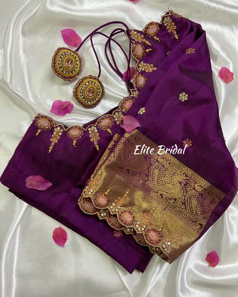 Customised Aari With Tussle Work Blouse 🌺 Magam Work Blouses, Golden Blouse Designs, Aari Blouses, Animal Patches, Saree Jacket, Saree Jacket Designs, Pattern Blouses, Magam Work, Blue Blouse Designs