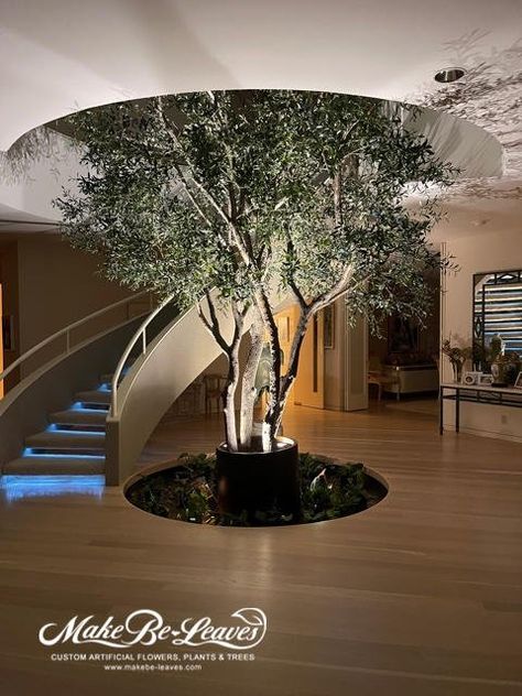 Trees Inside Houses, Tree Decor Indoor, Indoor Trees Architecture, Tree Inside House Interiors, House Trees Indoor, Tree In Entryway, Trees In House, Faux Trees Indoor Decor, Faux Trees Indoor Living Room