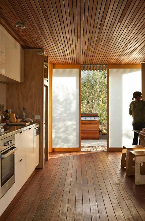 Little beach bach - desire to inspire - desiretoinspire.net Plywood Kitchen, Mid Century Modern Kitchen, Wood Ceilings, Built In Shelves, House Inspo, 인테리어 디자인, A Kitchen, Future House, Home Interior