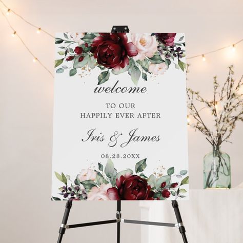 Chic Burgundy Blush Pink Floral Wedding Welcome Editable Template Orange Floral Wedding, Pink And Burgundy Wedding, Burgundy And Blush Wedding, Wedding Welcome Board, Pink Floral Wedding, Red Blush, Rustic Fall Wedding, Blush Pink Weddings, Theme Color