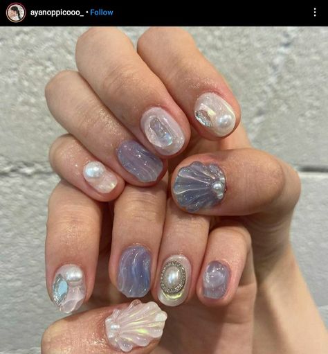 Water Gel Nails, Seashell Nails, Mermaid Nails, Pretty Gel Nails, Soft Nails, Kawaii Nails, Minimalist Nails, Dream Nails, Funky Nails