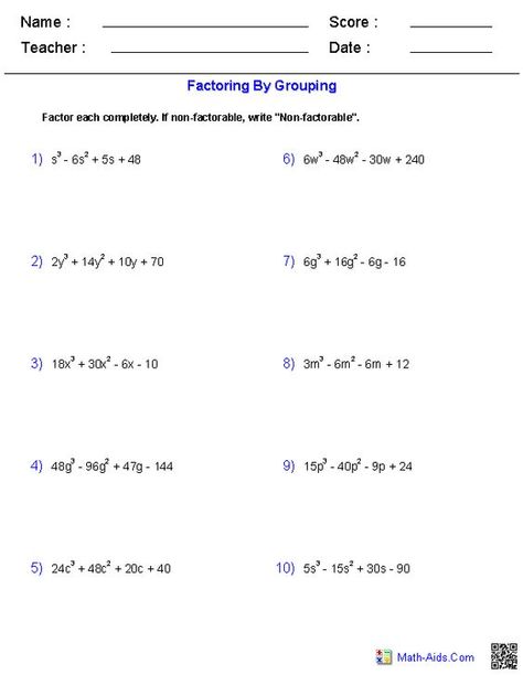 Factoring by Grouping Polynomials Worksheets: Factoring By Grouping, 8th Grade Math Worksheets, Factoring Quadratics, Algebra 2 Worksheets, Polynomial Functions, Factoring Polynomials, Basic Algebra, College Math, Solving Quadratic Equations