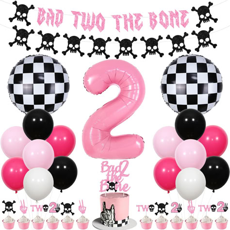 Bad Two the Bone Birthday Decorations Girl - Pink and Black Bad Two the Bone Banner, Cake Topper with Cupcake Toppers, Number 2 Balloon for Born to Rock Music Theme 2nd Birthday Party #ad #bad2thebone #badtwothebone #badtwotheboneparty #bad2thebonepartyideas #bad2thebonepartysupplies #bad2thebonepartytheme #2ndbirthday #2ndbirthdaypartyideas #2ndbirthdaypartythemes Bad Two The Bone Birthday Party Girl, Bad Two The Bone Birthday Party, Number 2 Balloon, Bone Cake, Bad Two The Bone, Born To Rock, 2 Balloon, Ivy Girl, 2nd Birthday Party For Girl