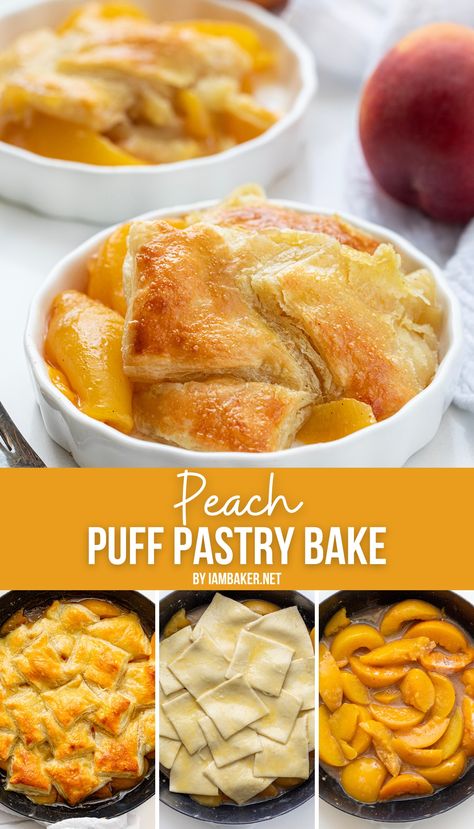 A peach puff pastry bake served in a white dish on a white surface with a fresh peach in the background. Peach Puff Pastry Bake, Fresh Peach Puff Pastry Desserts, Peach Dessert With Puff Pastry, Peach Danish Puff Pastries, Puff Pastry And Peaches, Peach Cobbler Puff Pastry, Puff Pastry Recipes Dessert Fruit, Puff Pastry With Peaches, Peach Cobbler With Puff Pastry Crust