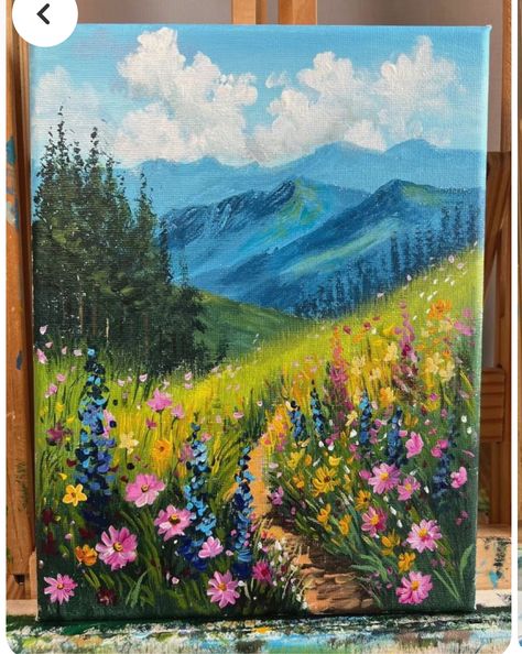 Mountains And Flowers Painting, Wild Flower Meadow Painting, Wild Flowers Painting Acrylic, Artistic Painting Ideas Artworks, Cute Landscape Paintings, Landscape Ideas Painting Acrylics, Painting Ideas For Gift, Painting Ideas On Canvas Scenery, Beautiful Paintings Creative