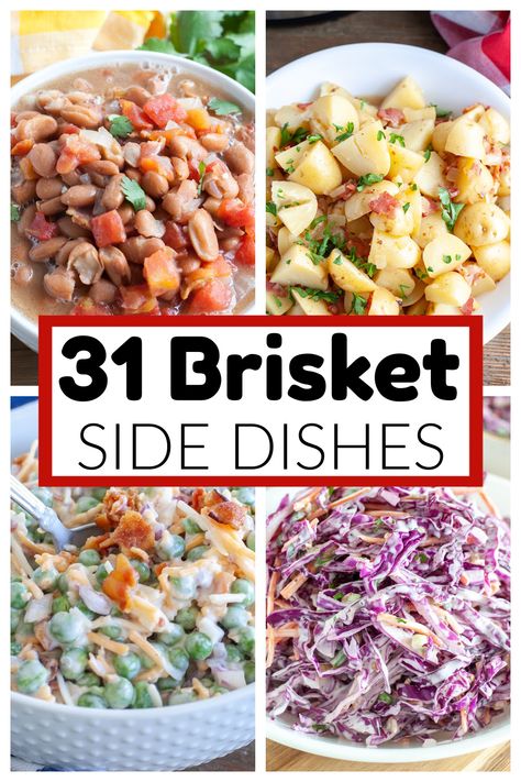 Bowl of beans, bowl of potato salad, pea salad, and slaw. Beef Brisket Dinner Ideas, Healthy Brisket Meals, Brisket Beans Recipe, Sides For Bbq Brisket, Side Dishes For Beef Brisket, What To Serve With Brisket Meals, Slaw For Brisket Sandwiches, Coleslaw For Brisket, Salad To Go With Brisket