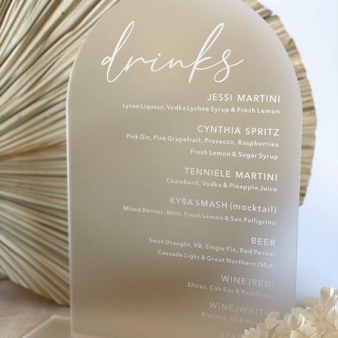 T O T H E A I S L E on Instagram: “Loving on these @_etched drink menus! 🍸 Available for order online now #theaislecollection xx” Arch Bar Sign, Arch Bar, Australian Bridal Designers, Red Blend Wine, Cascade Lights, Pink Gin, Lemon Sugar, Frosted Acrylic, Acrylic Stand