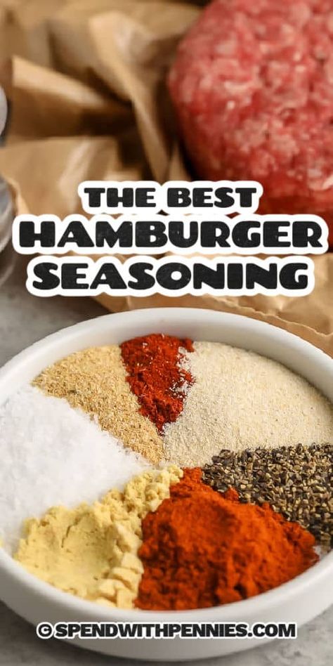 Homemade hamburger seasoning is a must have recipe for all those summertime grilling needs. This tasty spice mix is simple and delish. #spendwithpennies #hamburgerseasoning #spicemix #seasoningblend Seasoning For Hamburgers, Hamburgers On The Stove, Hamburger Spices, Hamburger Seasoning Recipe, Best Burger Seasoning, Burger Recipes Seasoning, Burger Spice, Homemade Burger Recipe, Homemade Dry Mixes