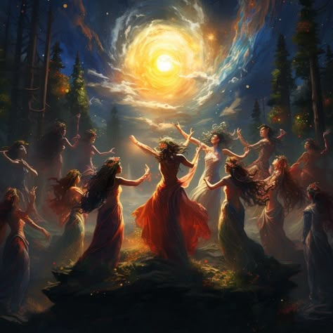 Witches Dancing Around Fire, Dancing Around Fire, Dancing Around A Fire, Priestess Aesthetic, Faerie Aesthetic, Witches Dance, Conifer Forest, Sun Dance, Fire Festival