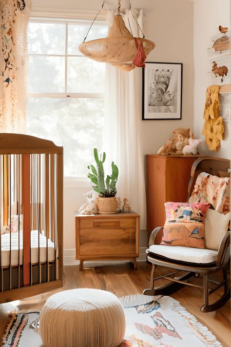 As we enter 2025, a fresh trend is emerging in nursery design: eclectic vintage aesthetic. This style departs from the stark, minimalist all-white look that has dominated design in recent years, opting for warm, comforting spaces that combine vintage... Mid Century Nursery Ideas, Groovy Nursery Theme, Mid Century Nursery Boy, Retro Nursery Girl, Thrifted Nursery Decor, Eclectic Nursery Boy, Camper Nursery, Southwestern Nursery, Vintage Baby Rooms