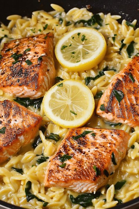 Salmon And Orzo, Salmon Orzo, Cheesy Orzo, Sausage Pie, Greek Lemon Rice, Hamburger And Potatoes, Creamy Orzo, Salmon With Lemon, Layered Potato