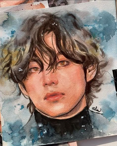 Kpop Painting, Gouache Color, Pencil Sketch Images, Aqua Art, Taehyung Fanart, Beauty Art Drawings, Kpop Drawings, Watercolor Art Lessons, Art Drawings Sketches Creative