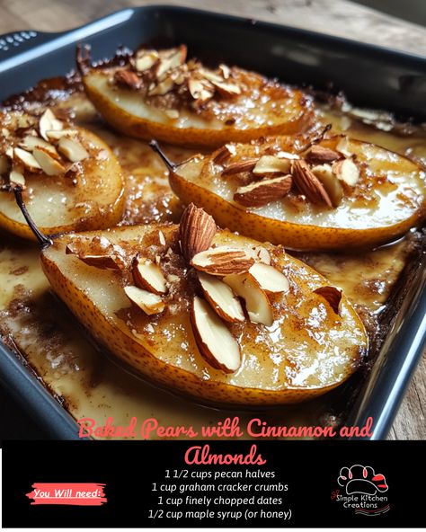 Indulge in the sweet and savory flavors of these Baked Pears with Cinnamon and Almonds! This easy and elegant dessert is perfect for a cozy night in or a holiday gathering. Plus, the warm and comforting aromas will fill your home as they bake to perfection. Enjoy a delicious and healthy treat with this simple recipe! #bakedpears #dessert #cinnamon #almonds #healthyrecipes Baked Pears With Cranberries, D'anjou Pear Recipes, Baked Pears With Cinnamon And Honey, Pear Recipes Dessert, Pear Dessert Recipes Easy, What To Do With Pears, Pears Recipes Easy, Poached Pear Dessert, Baked Pears Recipe