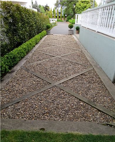 Parking Pads In Front Of House, Wood And Gravel Walkway, Front Gravelled Garden, Drive Way Ideas Gravel, Gravel Side Driveway, Front Yard Parking Pad, Driveway Hardscape Ideas, Formal Vegetable Garden Design, Side Of Driveway Landscaping Front Yards